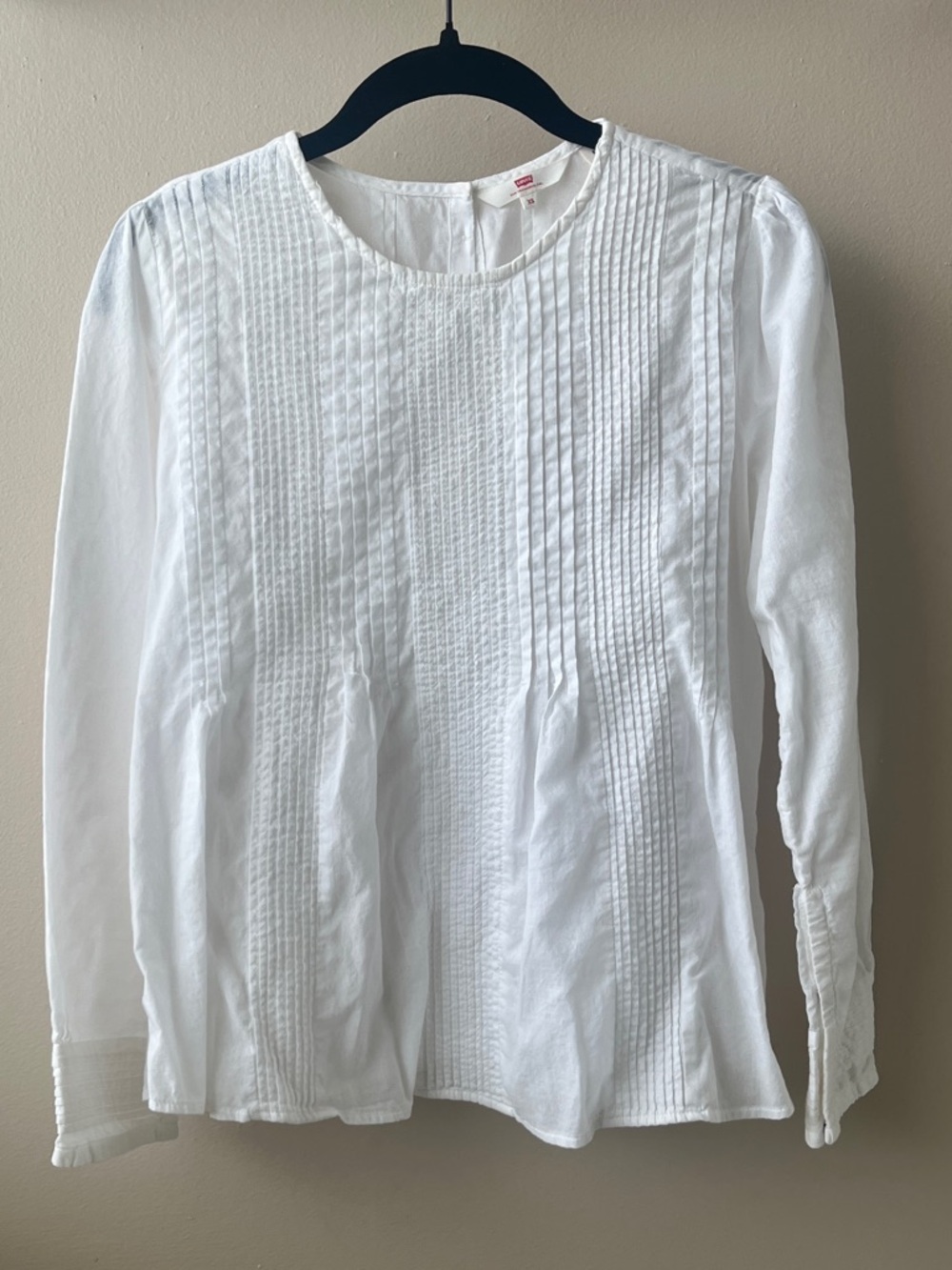 Levi's Long Crew Neck Sleeve White Pintuck Front Cotton Peasant Blouse - Size XS